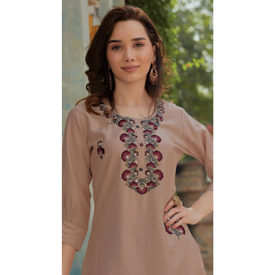 Mauve Embroidered Cotton Silk Kurti