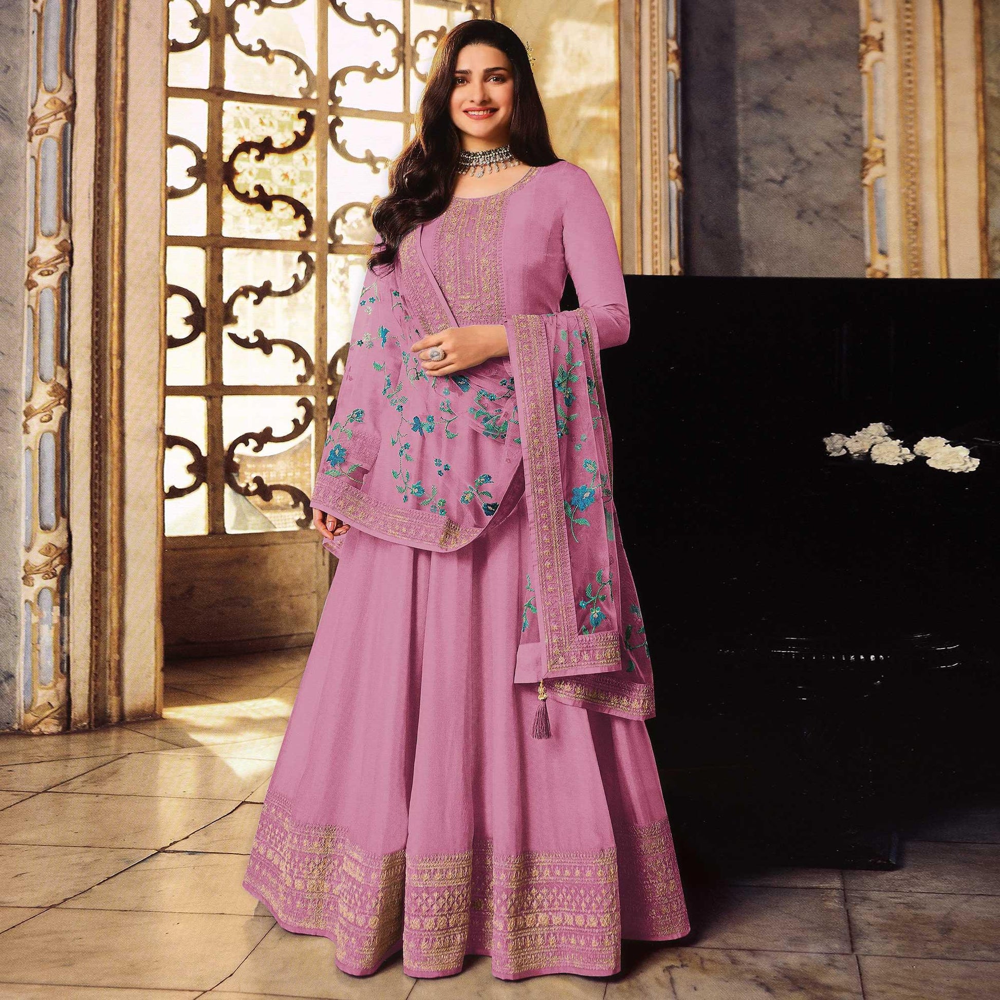 Mauve Embroidered Dola Silk Anarkali Suit