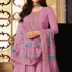 Mauve Embroidered Dola Silk Anarkali Suit
