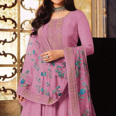 Mauve Embroidered Dola Silk Anarkali Suit