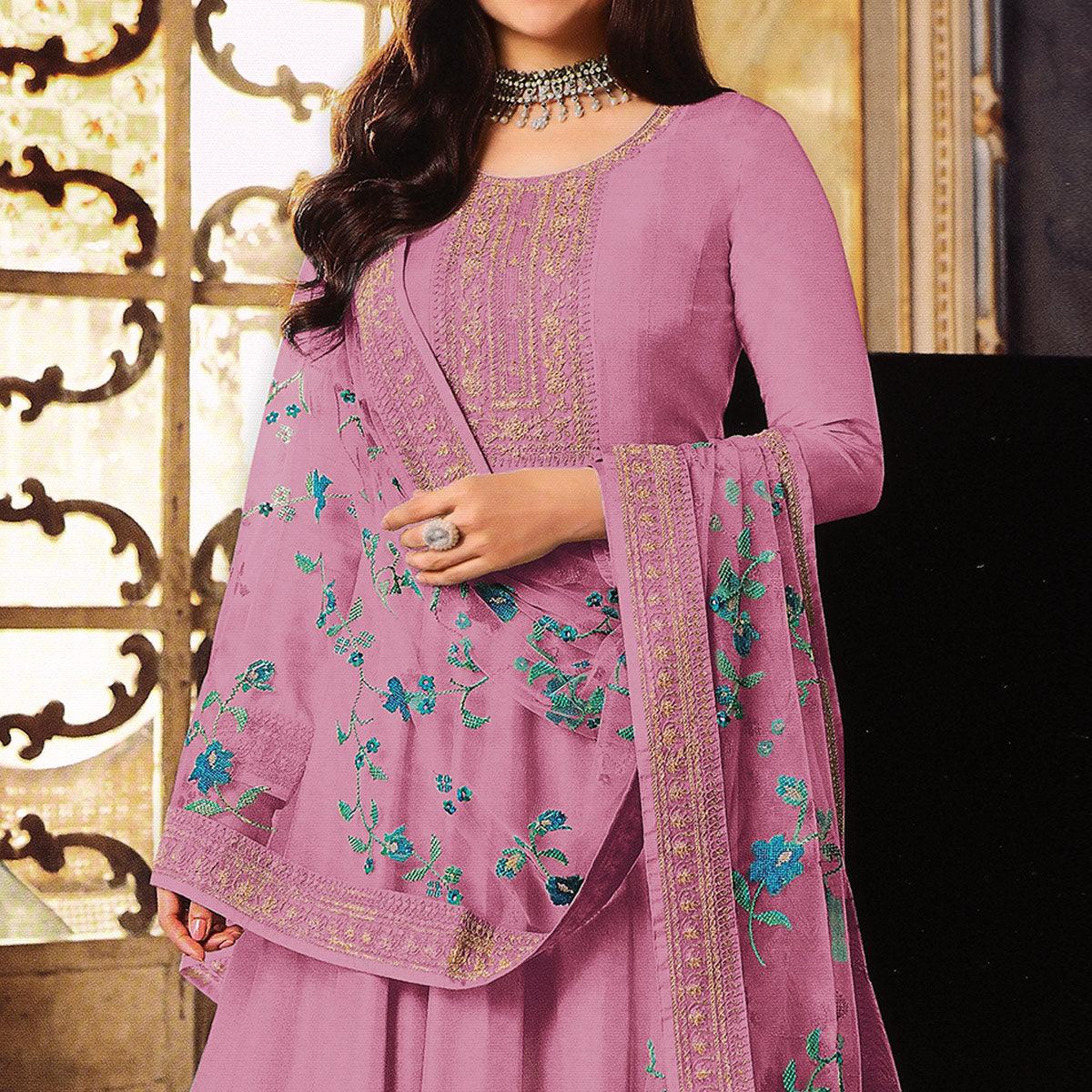 Mauve Embroidered Dola Silk Anarkali Suit