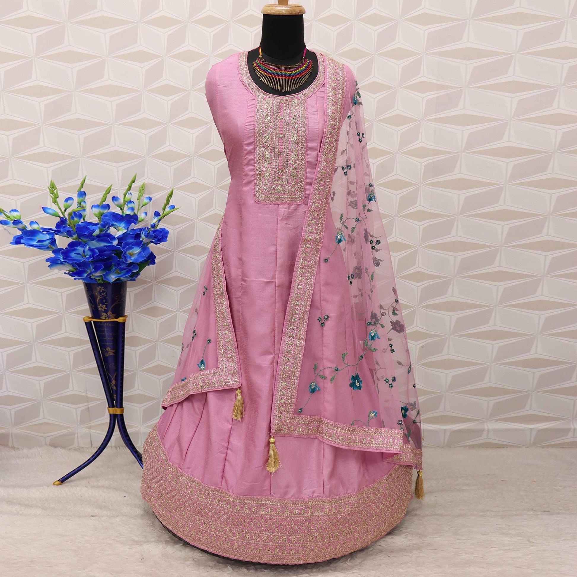 Mauve Embroidered Dola Silk Anarkali Suit