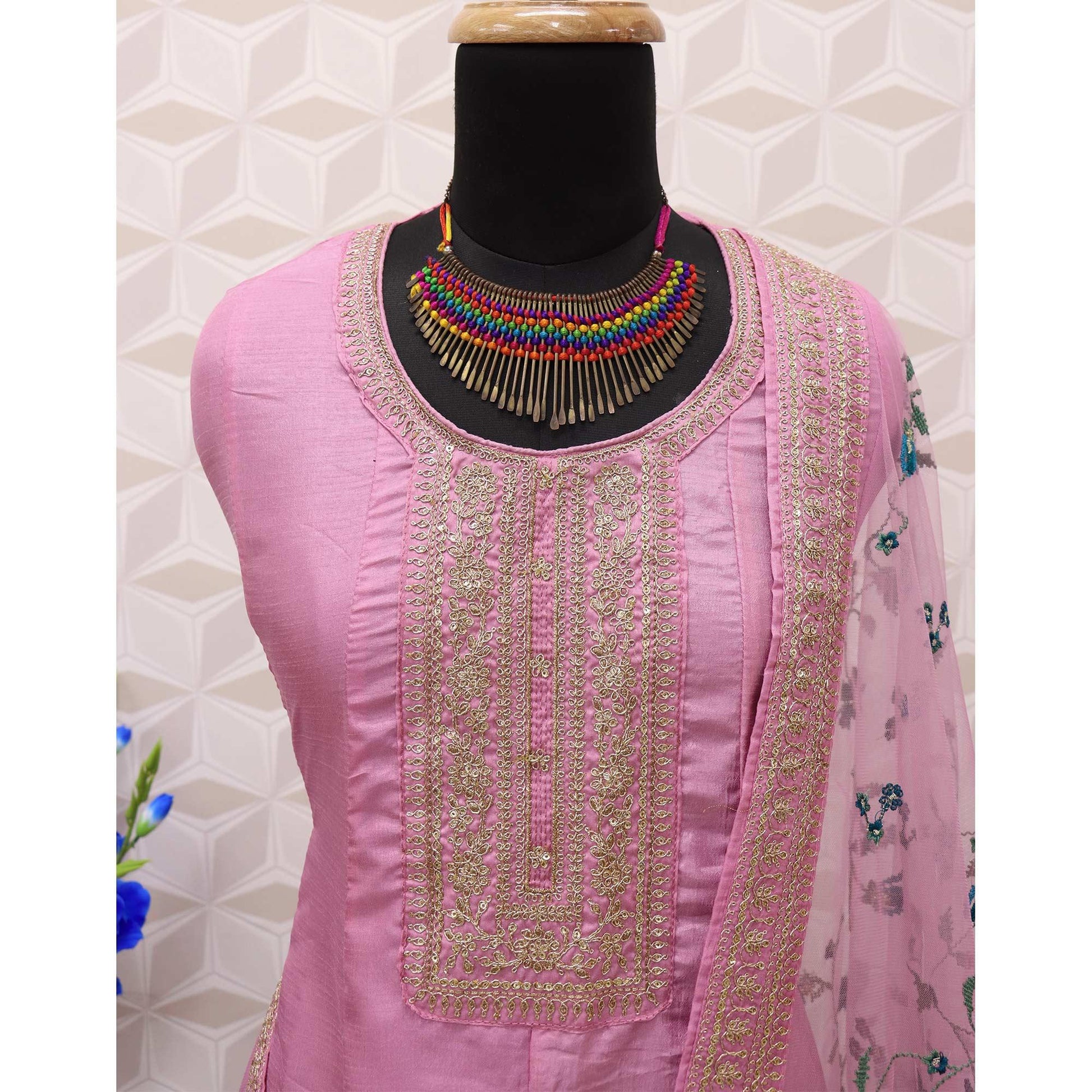 Mauve Embroidered Dola Silk Anarkali Suit