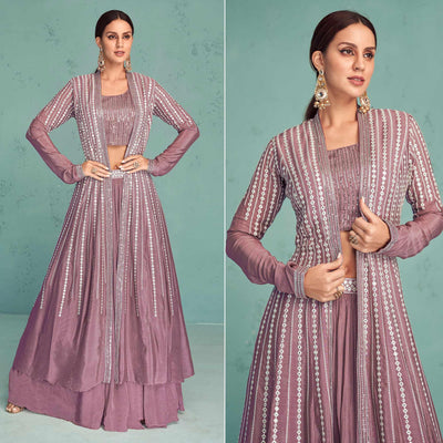 Mauve Embroidered Georgette Lehenga Choli With Jacket