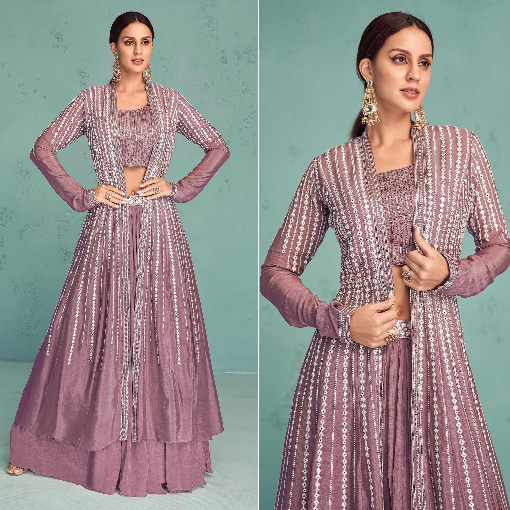 Mauve Embroidered Georgette Lehenga Choli With Jacket