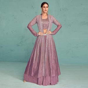 Mauve Embroidered Georgette Lehenga Choli With Jacket