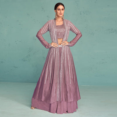 Mauve Embroidered Georgette Lehenga Choli With Jacket