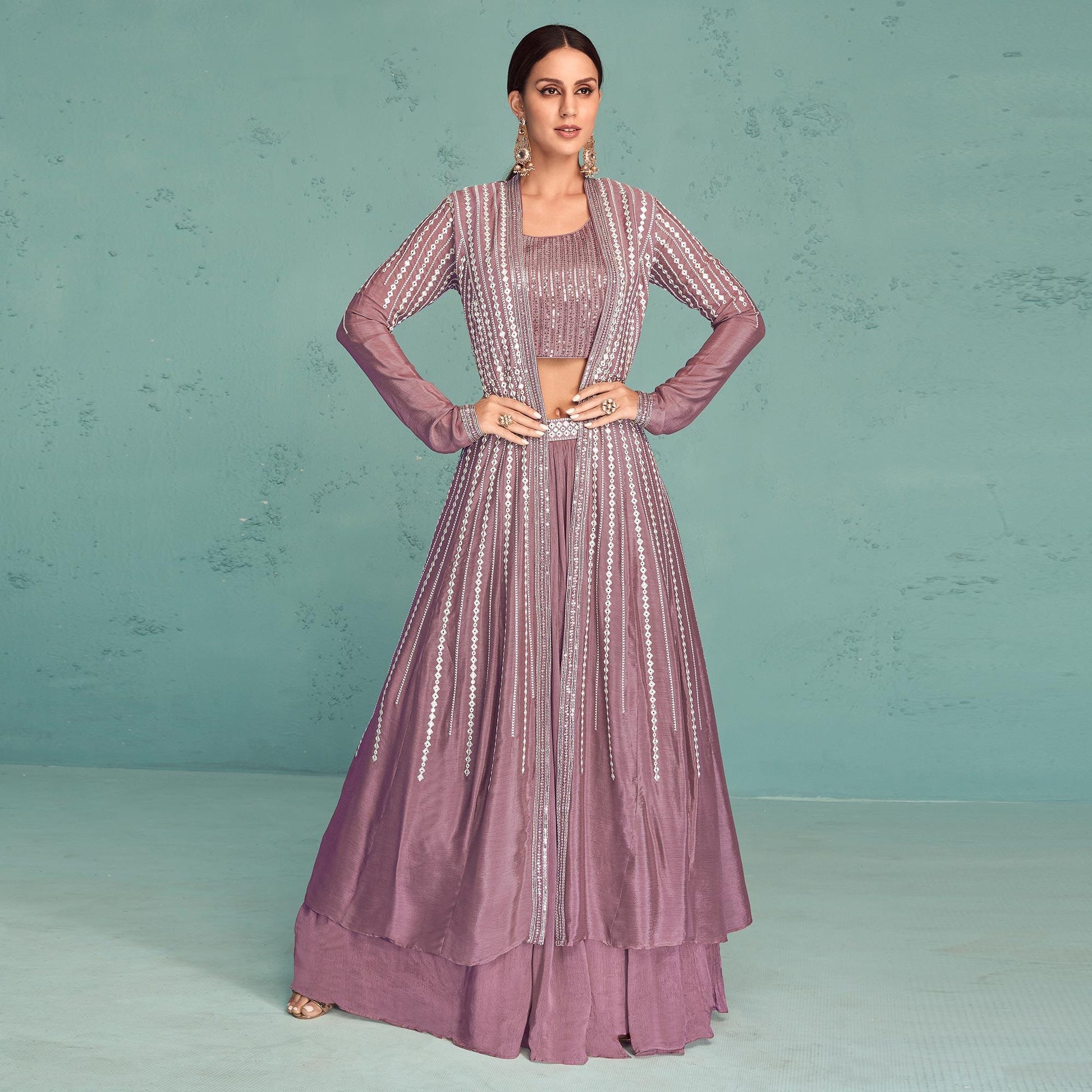 Mauve Embroidered Georgette Lehenga Choli With Jacket