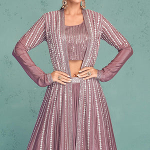 Mauve Embroidered Georgette Lehenga Choli With Jacket