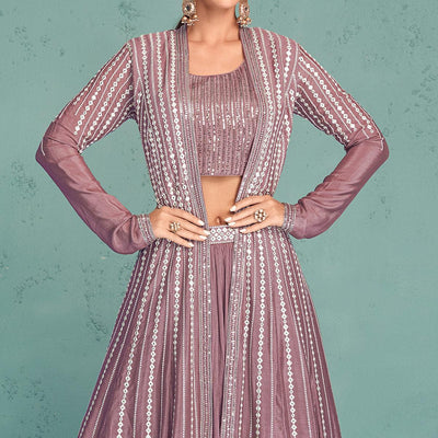 Mauve Embroidered Georgette Lehenga Choli With Jacket