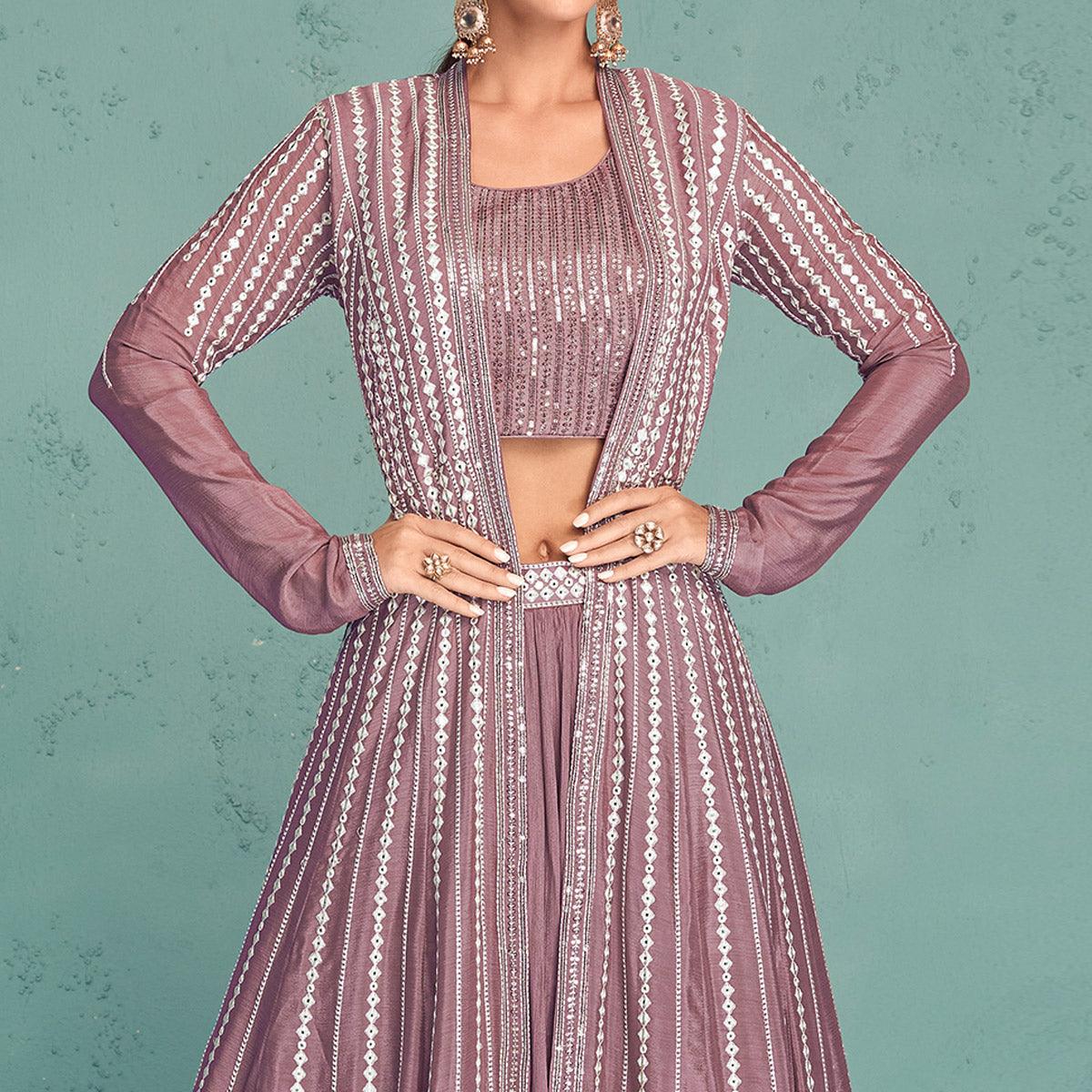 Mauve Embroidered Georgette Lehenga Choli With Jacket