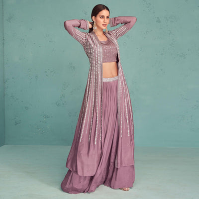 Mauve Embroidered Georgette Lehenga Choli With Jacket