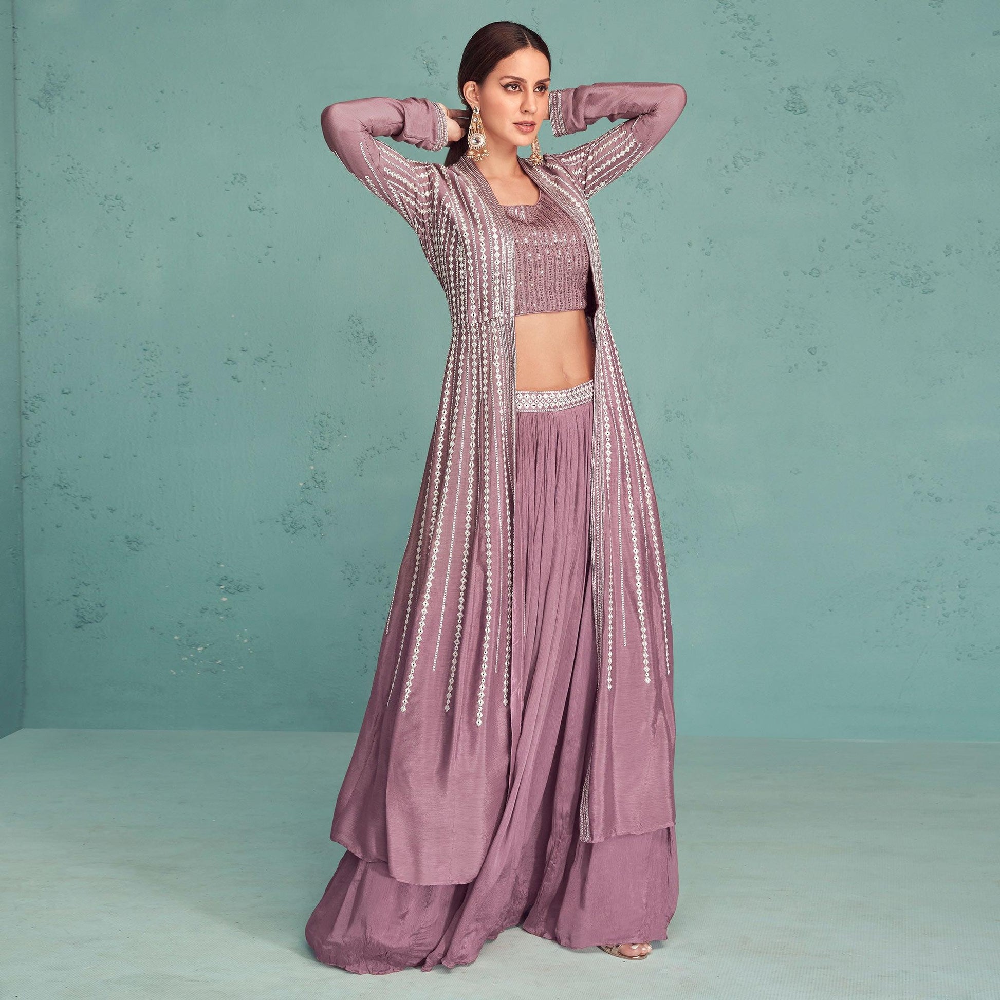 Mauve Embroidered Georgette Lehenga Choli With Jacket
