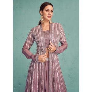 Mauve Embroidered Georgette Lehenga Choli With Jacket