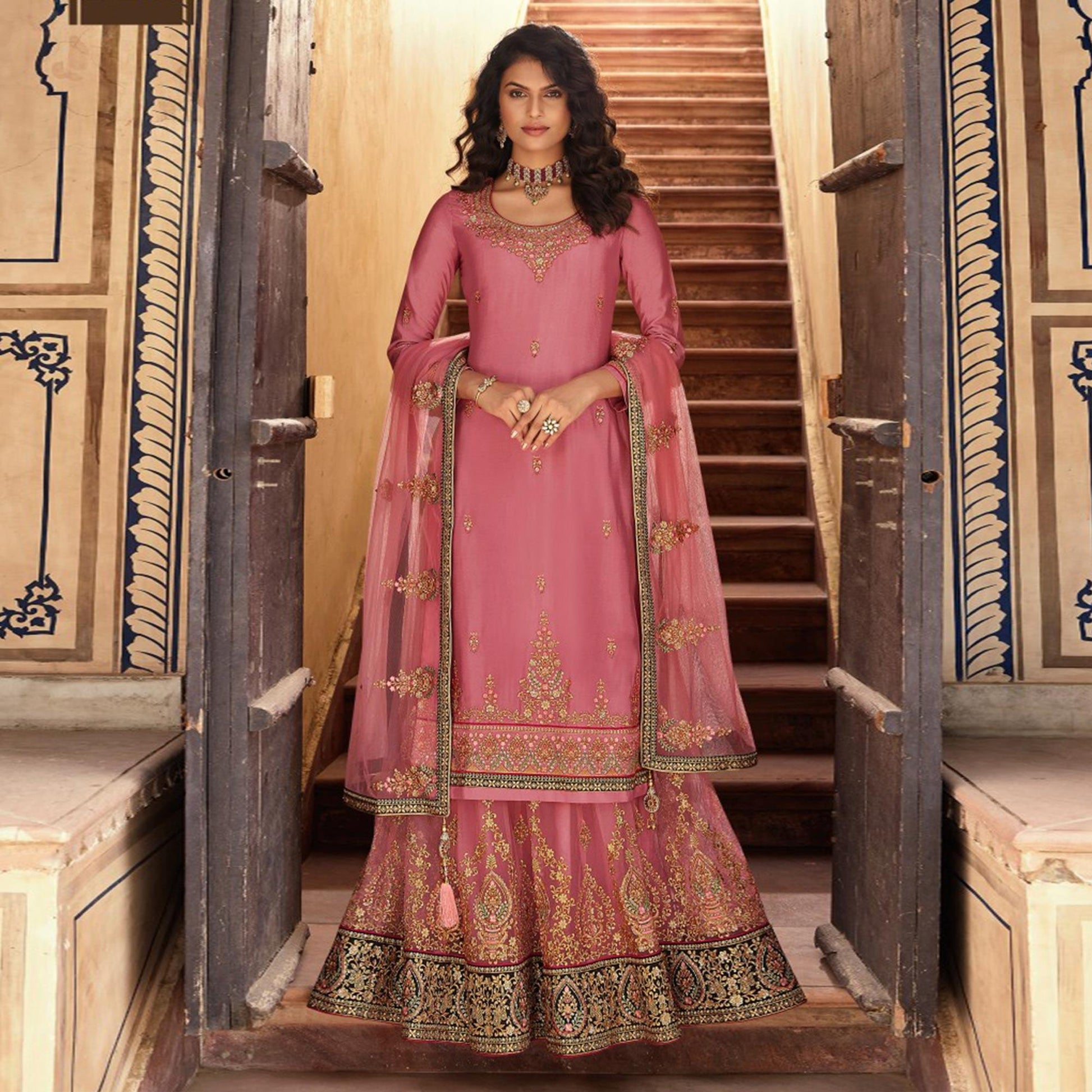 Mauve Embroidered Georgette Lehenga Kameez