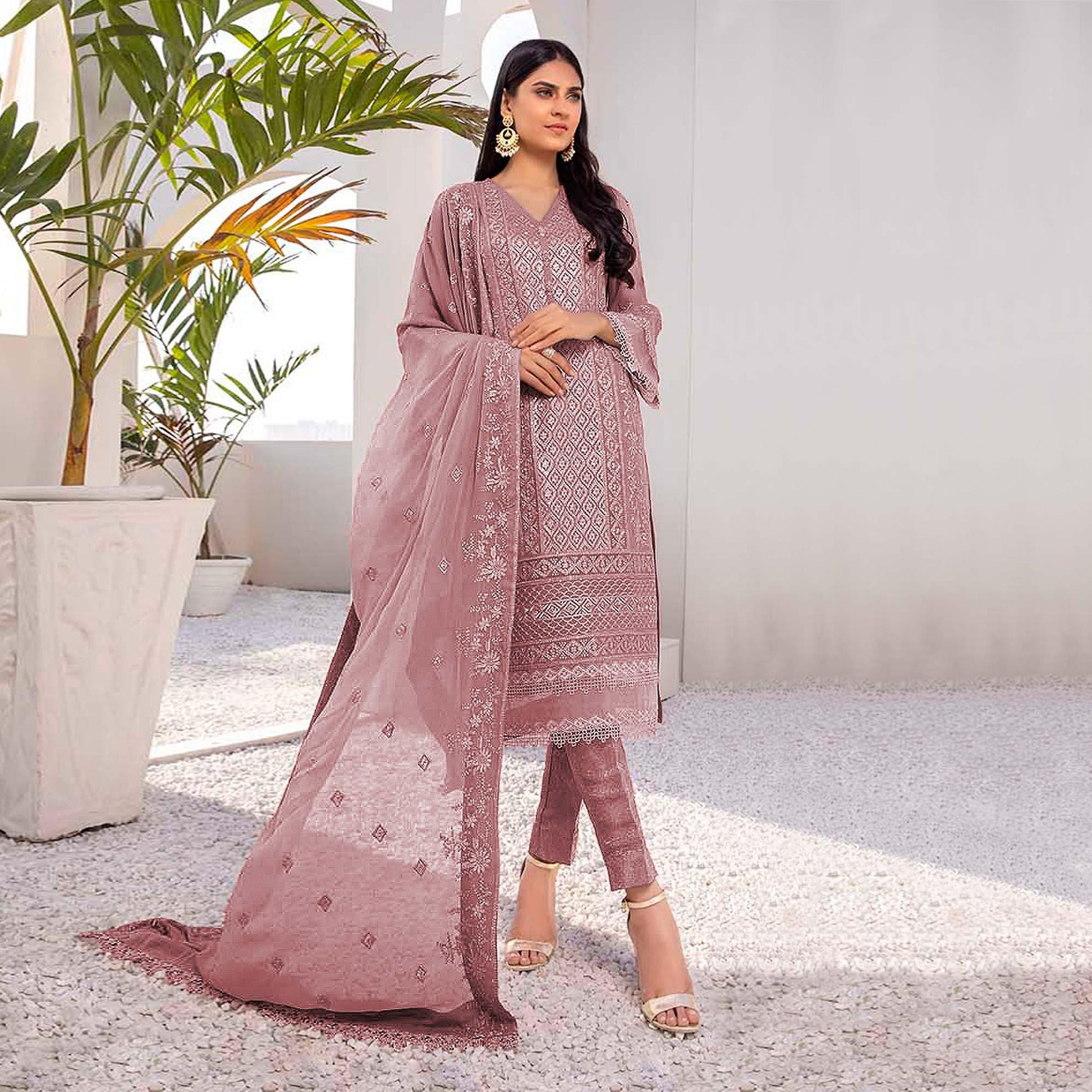 Mauve Embroidered Georgette Pakistani Suit