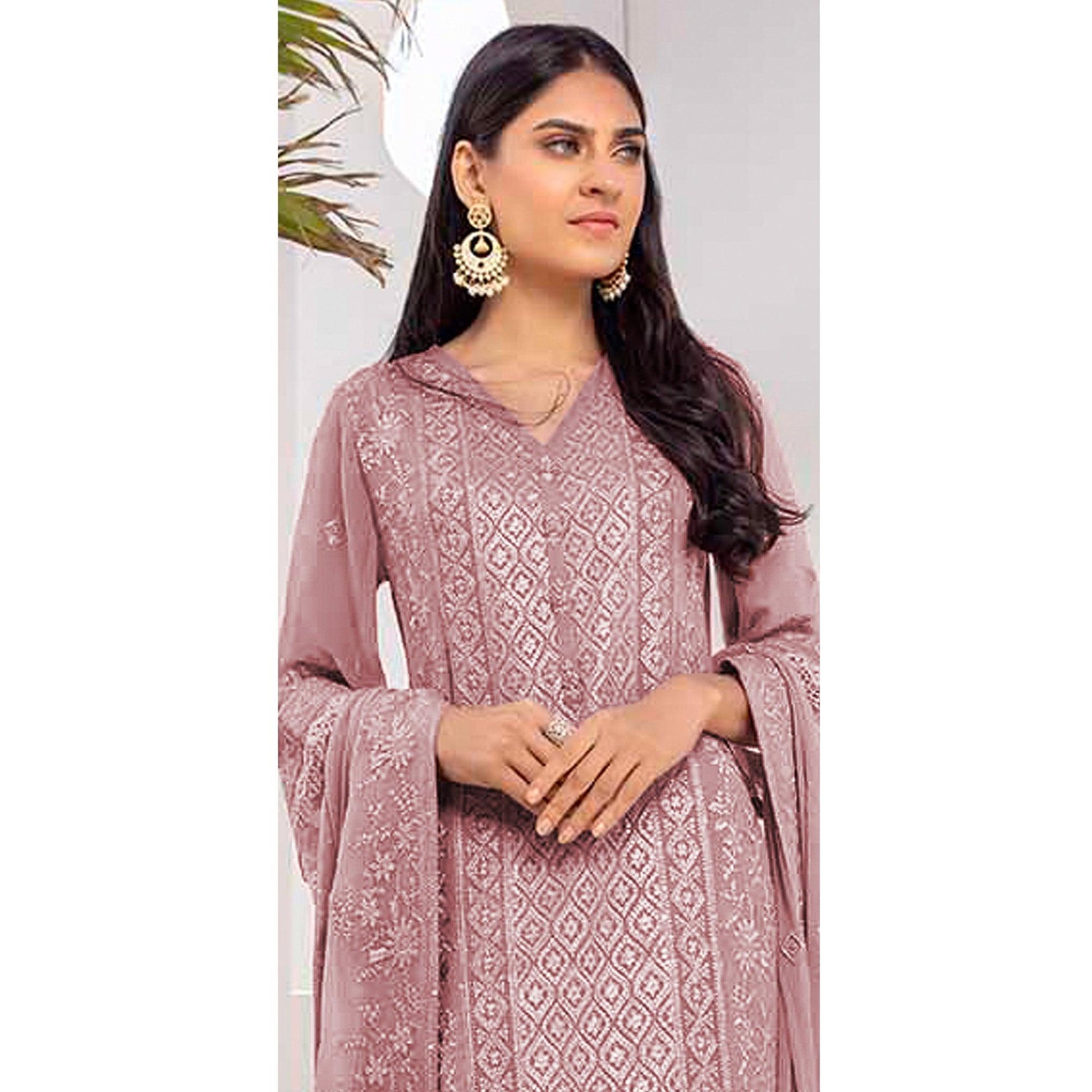 Mauve Embroidered Georgette Pakistani Suit