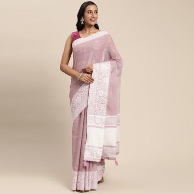 Mauve Embroidered Linen Saree with Tassels