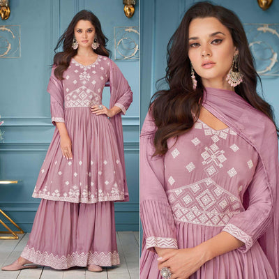Mauve Embroidered Rayon Sharara Suit