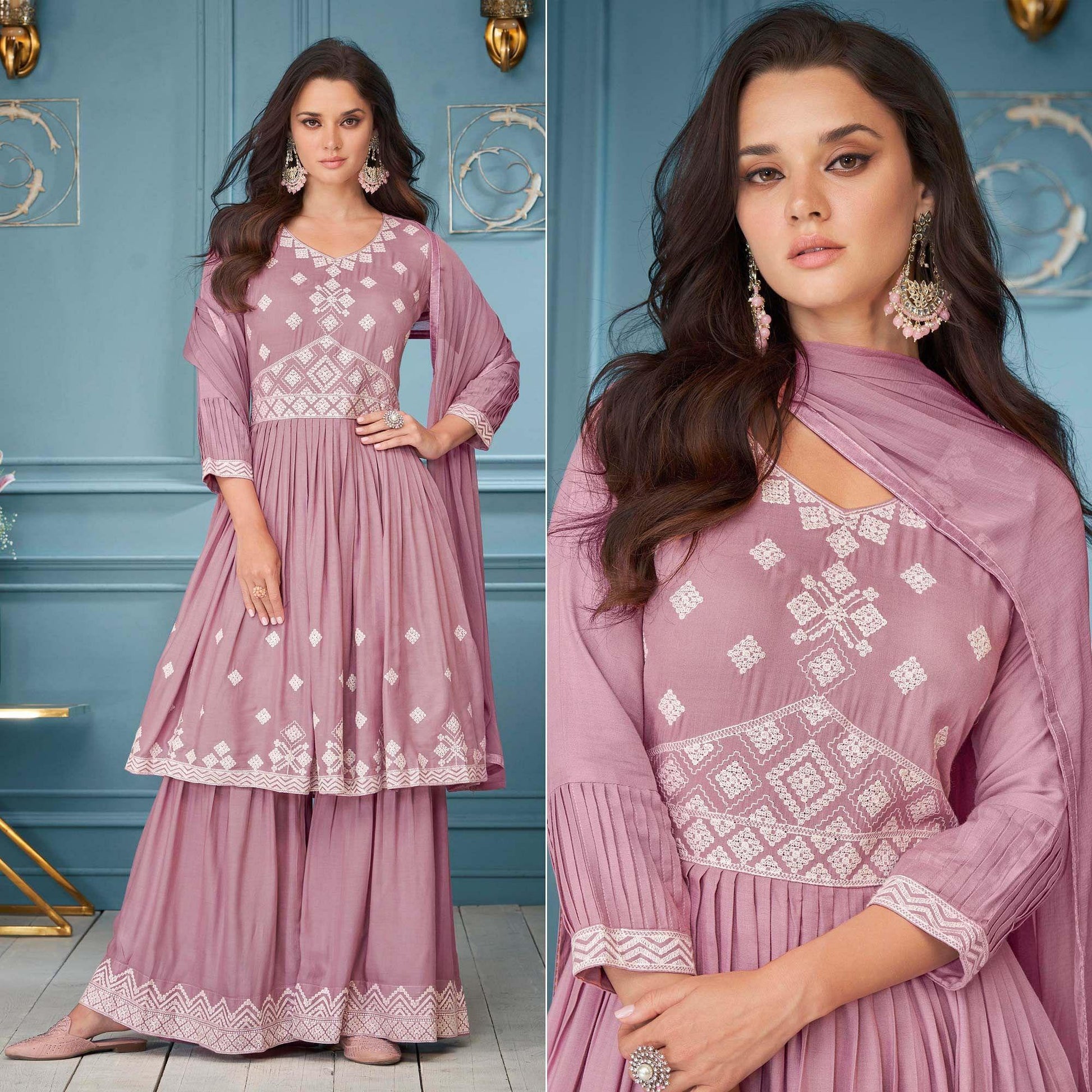 Mauve Embroidered Rayon Sharara Suit