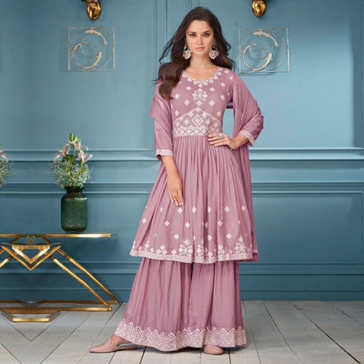 Mauve Embroidered Rayon Sharara Suit