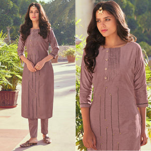 Mauve Embroidered Viscose Kurti Pant Set