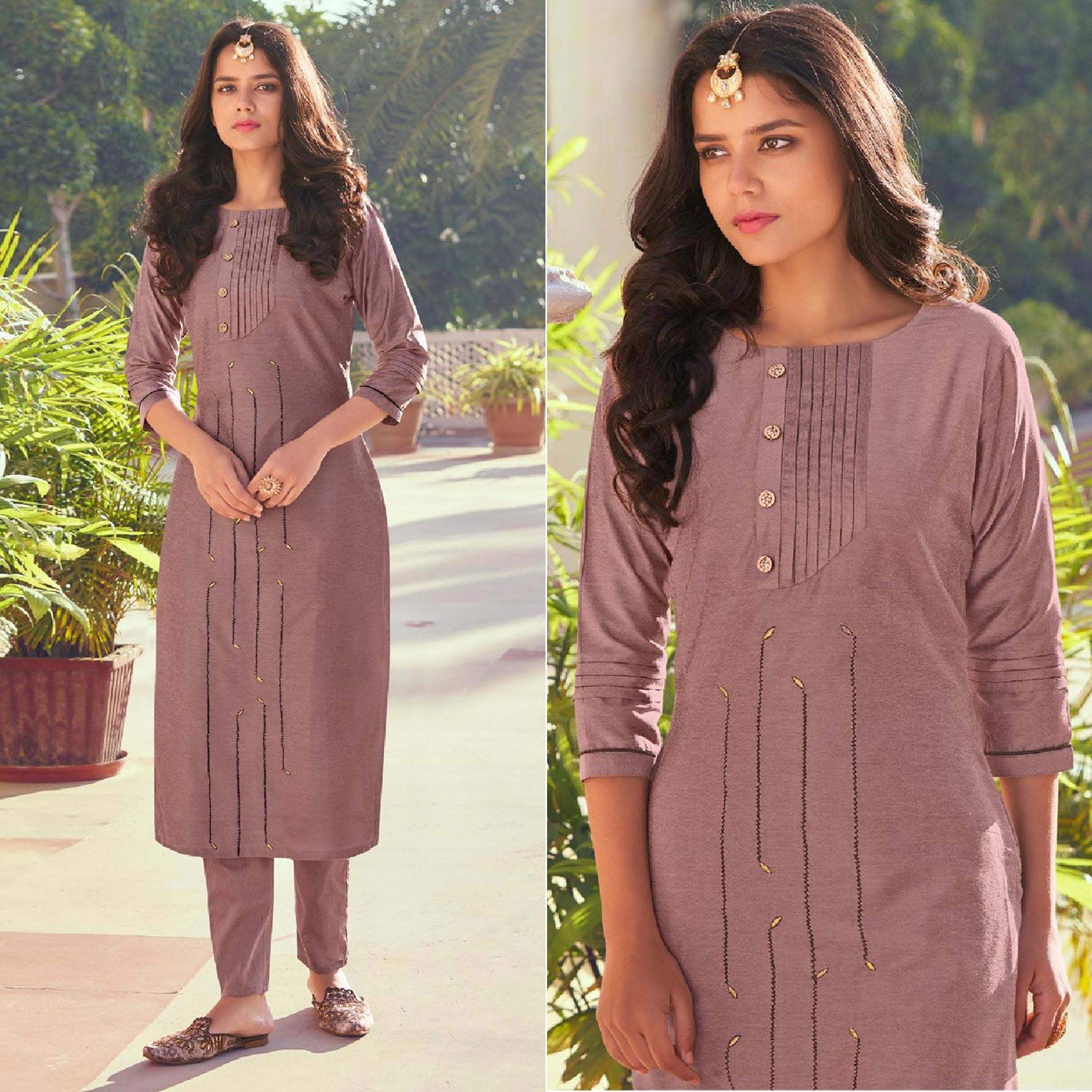 Mauve Embroidered Viscose Kurti Pant Set