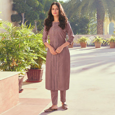 Mauve Embroidered Viscose Kurti Pant Set