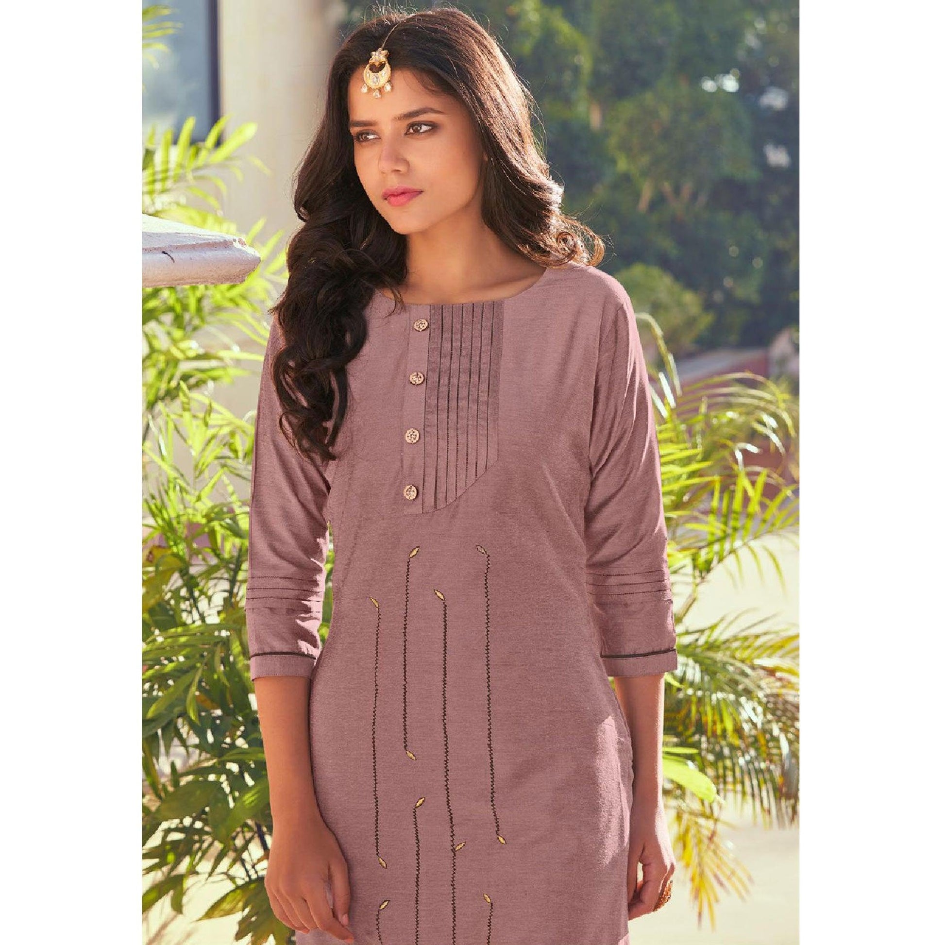 Mauve Embroidered Viscose Kurti Pant Set