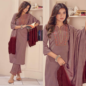 Mauve Embroidered With Embellished Chiffon Kurti Pant Set With Dupatta