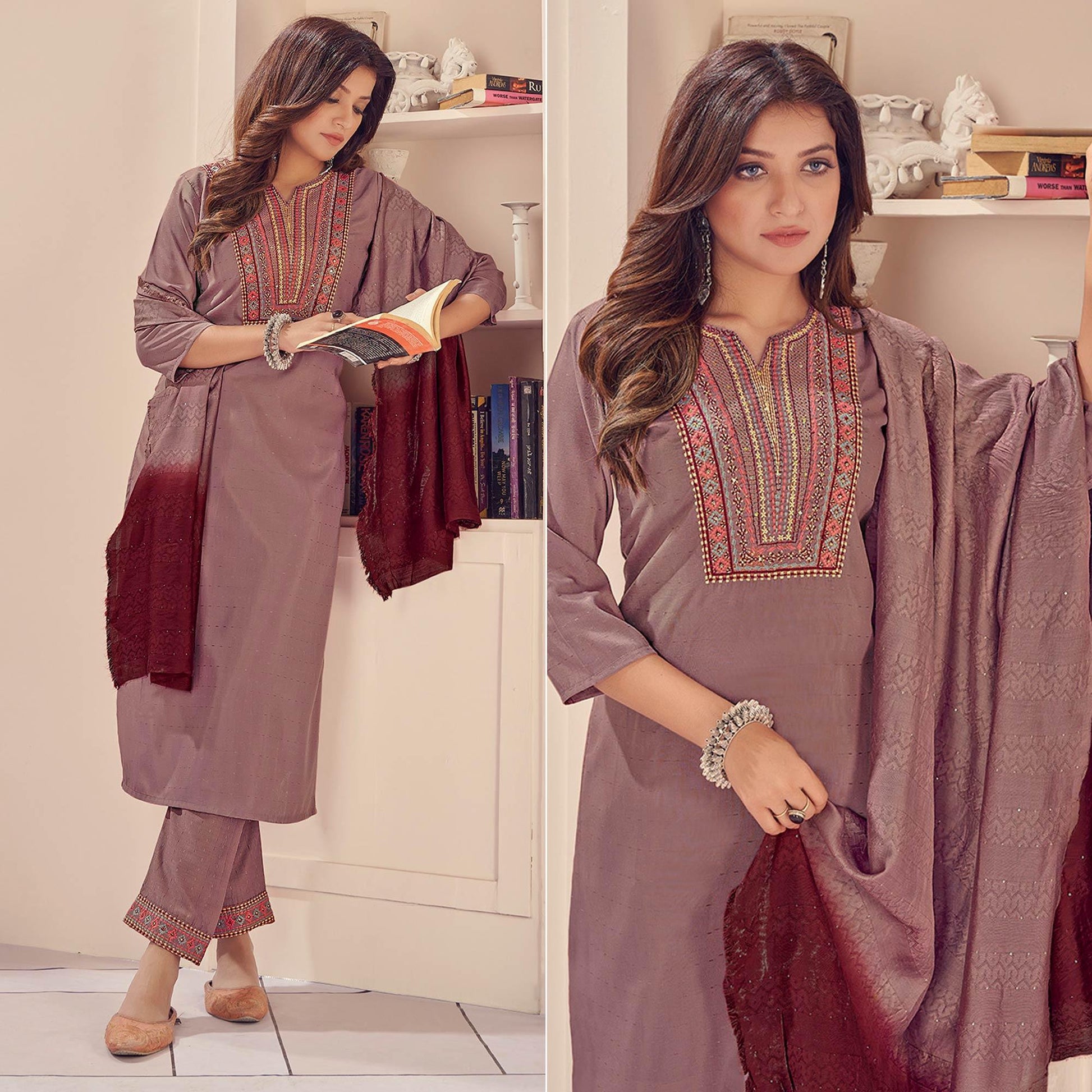 Mauve Embroidered With Embellished Chiffon Kurti Pant Set With Dupatta