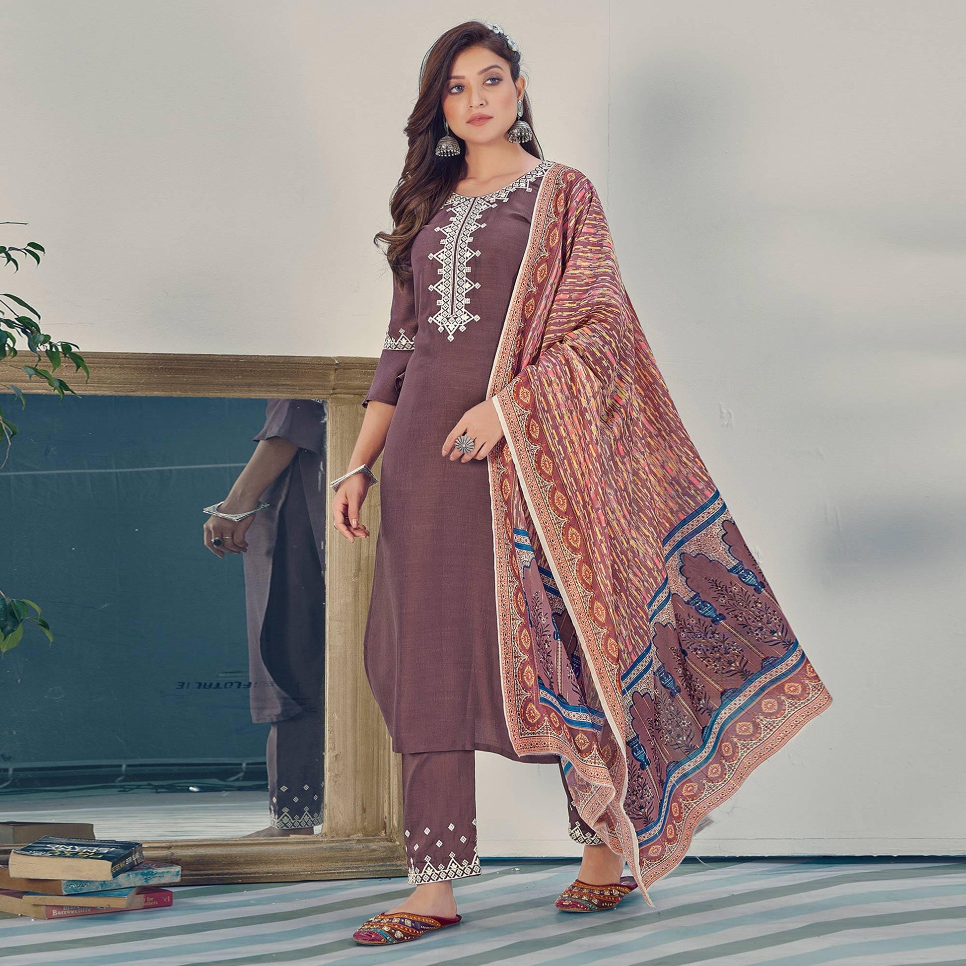 Mauve Embroidered With Embellished Chiffon Kurti Pant Set With Dupatta
