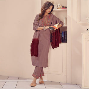 Mauve Embroidered With Embellished Chiffon Kurti Pant Set With Dupatta