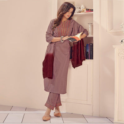 Mauve Embroidered With Embellished Chiffon Kurti Pant Set With Dupatta
