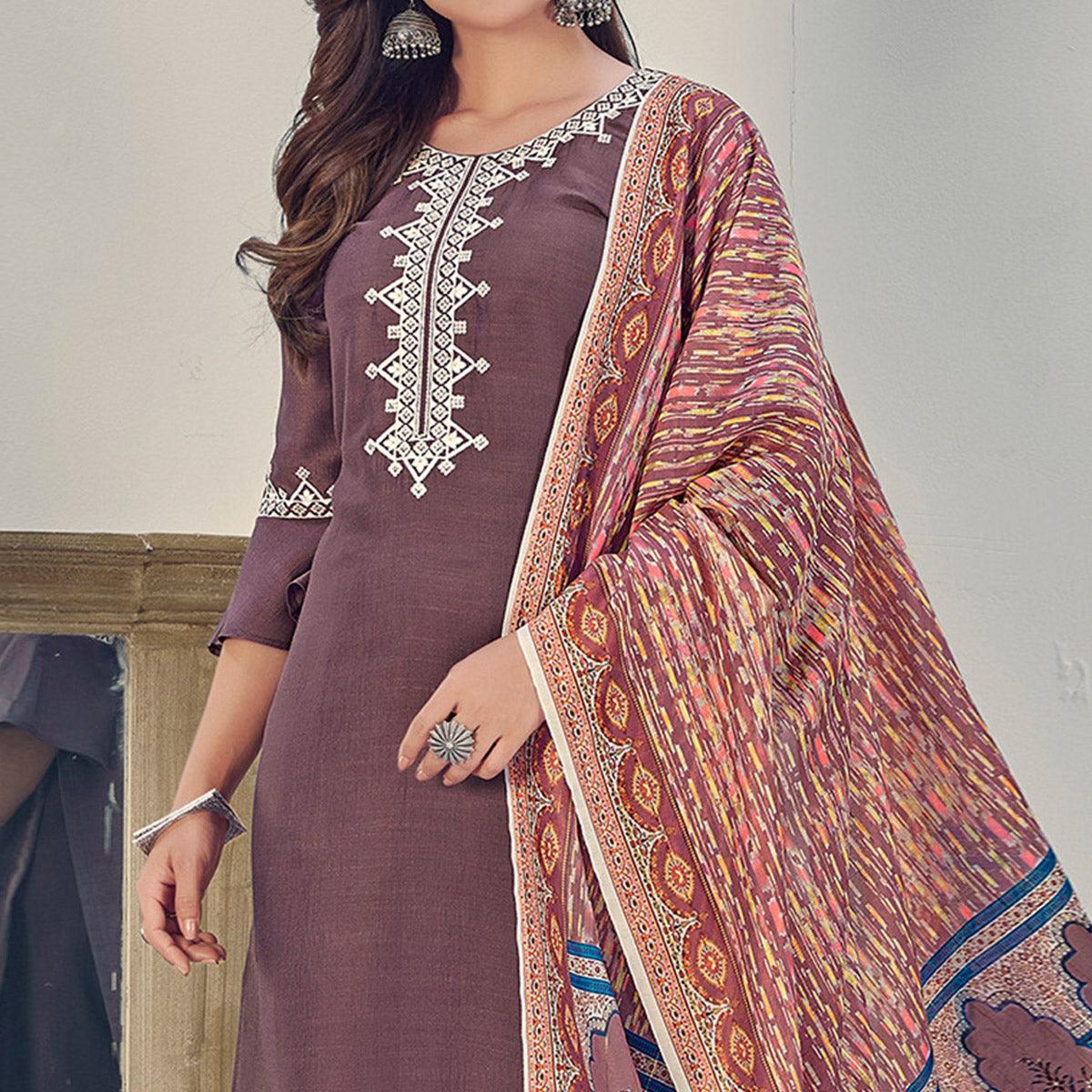 Mauve Embroidered With Embellished Chiffon Kurti Pant Set With Dupatta
