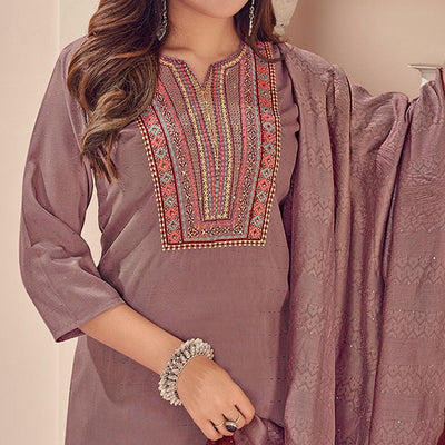 Mauve Embroidered With Embellished Chiffon Kurti Pant Set With Dupatta