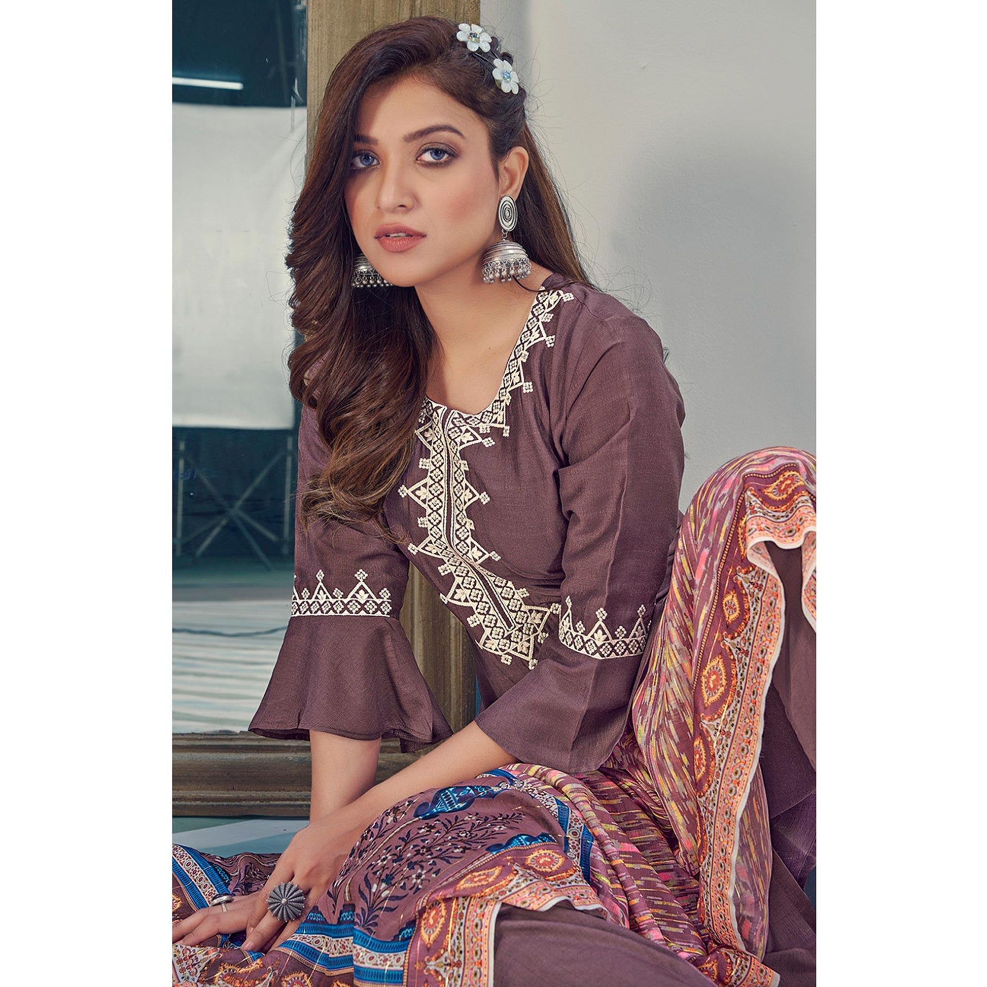 Mauve Embroidered With Embellished Chiffon Kurti Pant Set With Dupatta