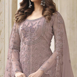 Mauve Embroidered With Embellished Net Palazzo Suit