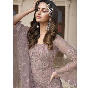 Mauve Embroidered With Embellished Net Palazzo Suit