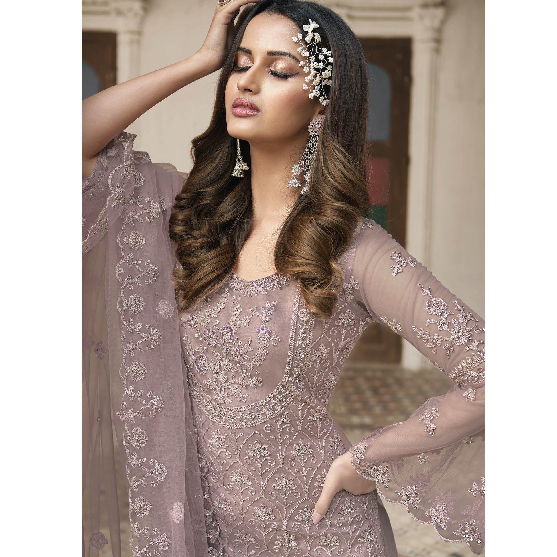 Mauve Embroidered With Embellished Net Palazzo Suit