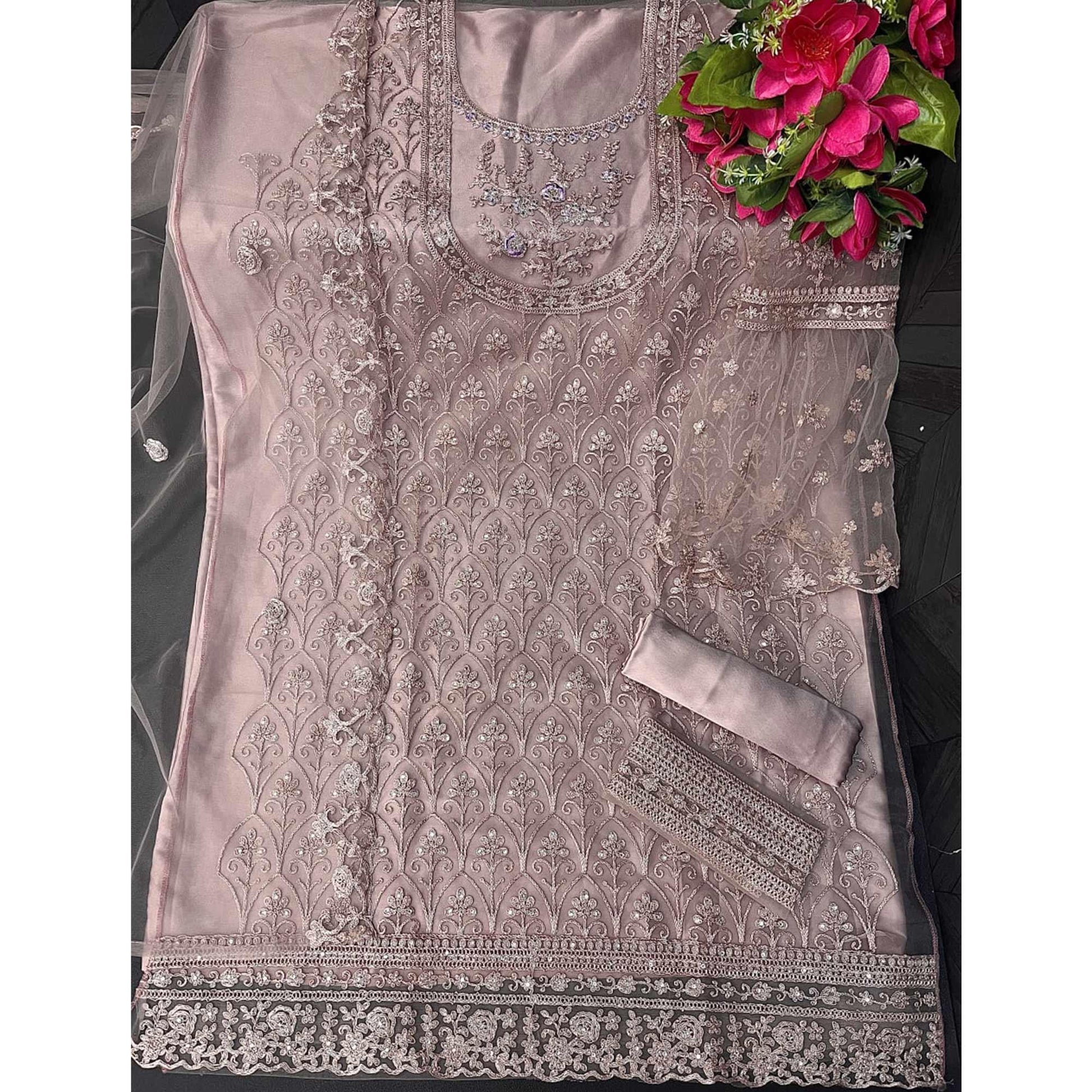Mauve Embroidered With Embellished Net Palazzo Suit