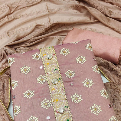 Mauve Embroidered With Mirror Work Chanderi Dress Material
