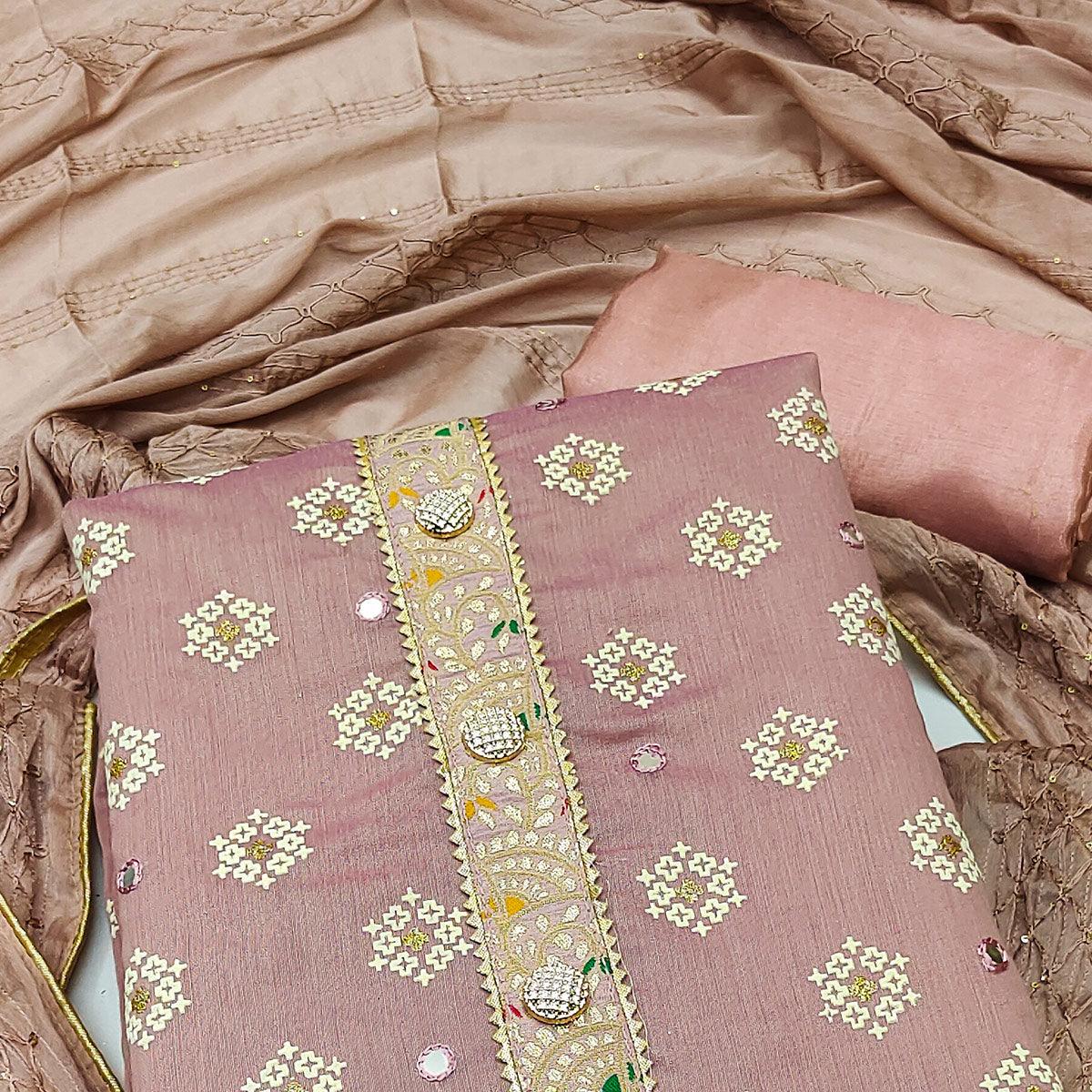 Mauve Embroidered With Mirror Work Chanderi Dress Material