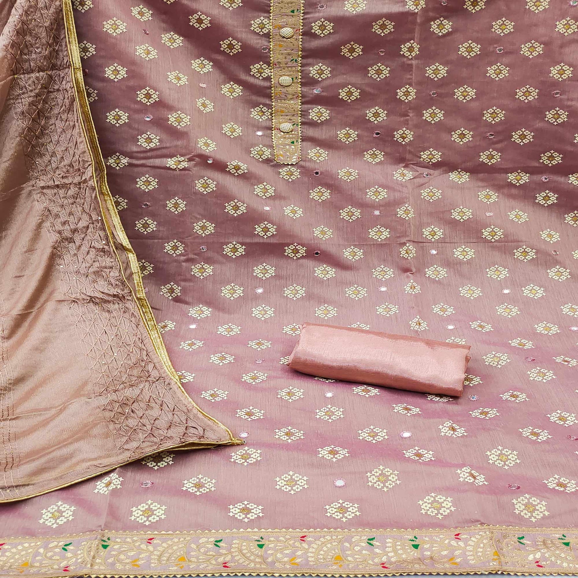 Mauve Embroidered With Mirror Work Chanderi Dress Material