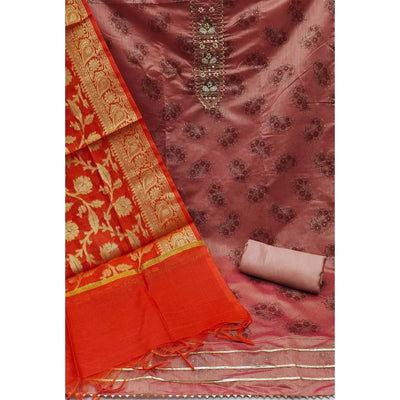 Mauve Festive Wear Embroidered Floral Printed Chanderi Dress Material