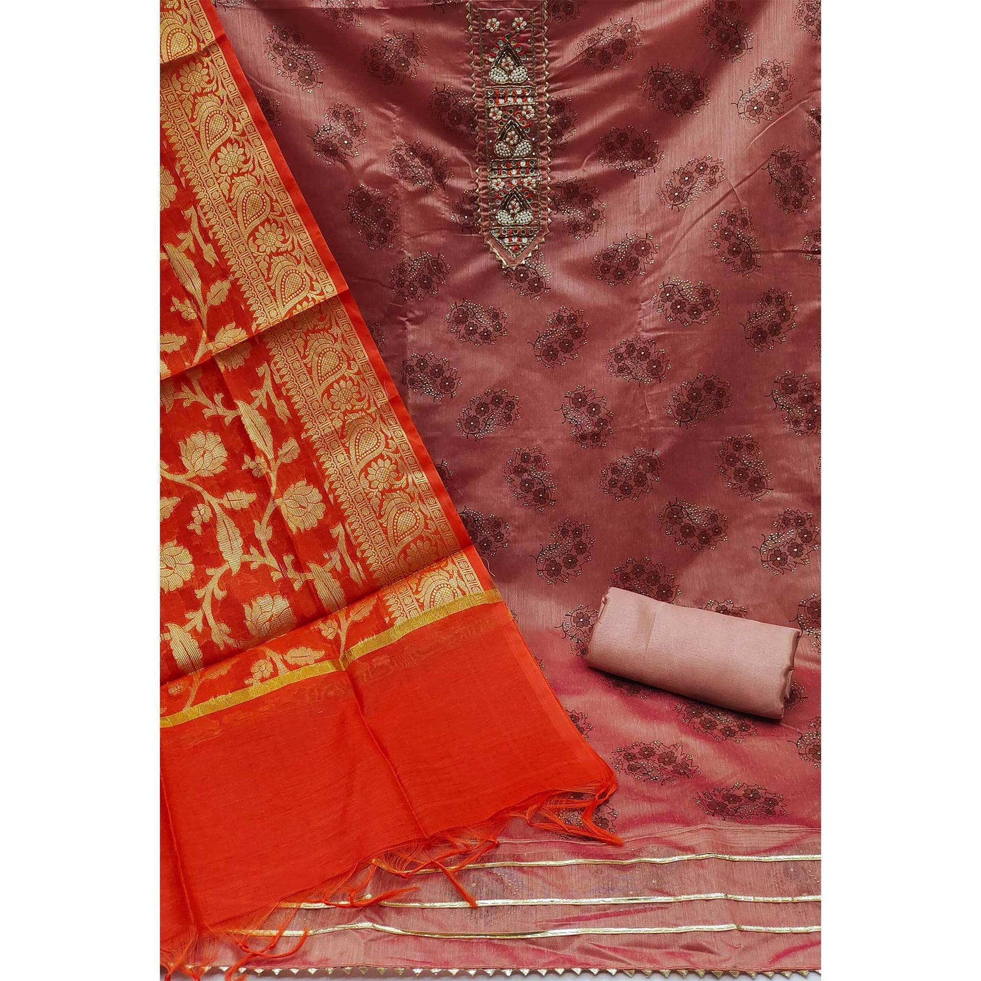 Mauve Festive Wear Embroidered Floral Printed Chanderi Dress Material