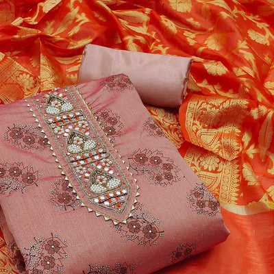 Mauve Festive Wear Embroidered Floral Printed Chanderi Dress Material