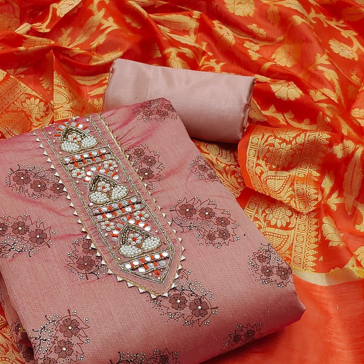 Mauve Festive Wear Embroidered Floral Printed Chanderi Dress Material
