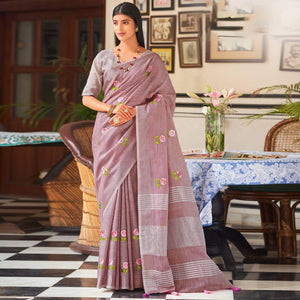 Mauve Festive Wear Embroidered Linen Saree