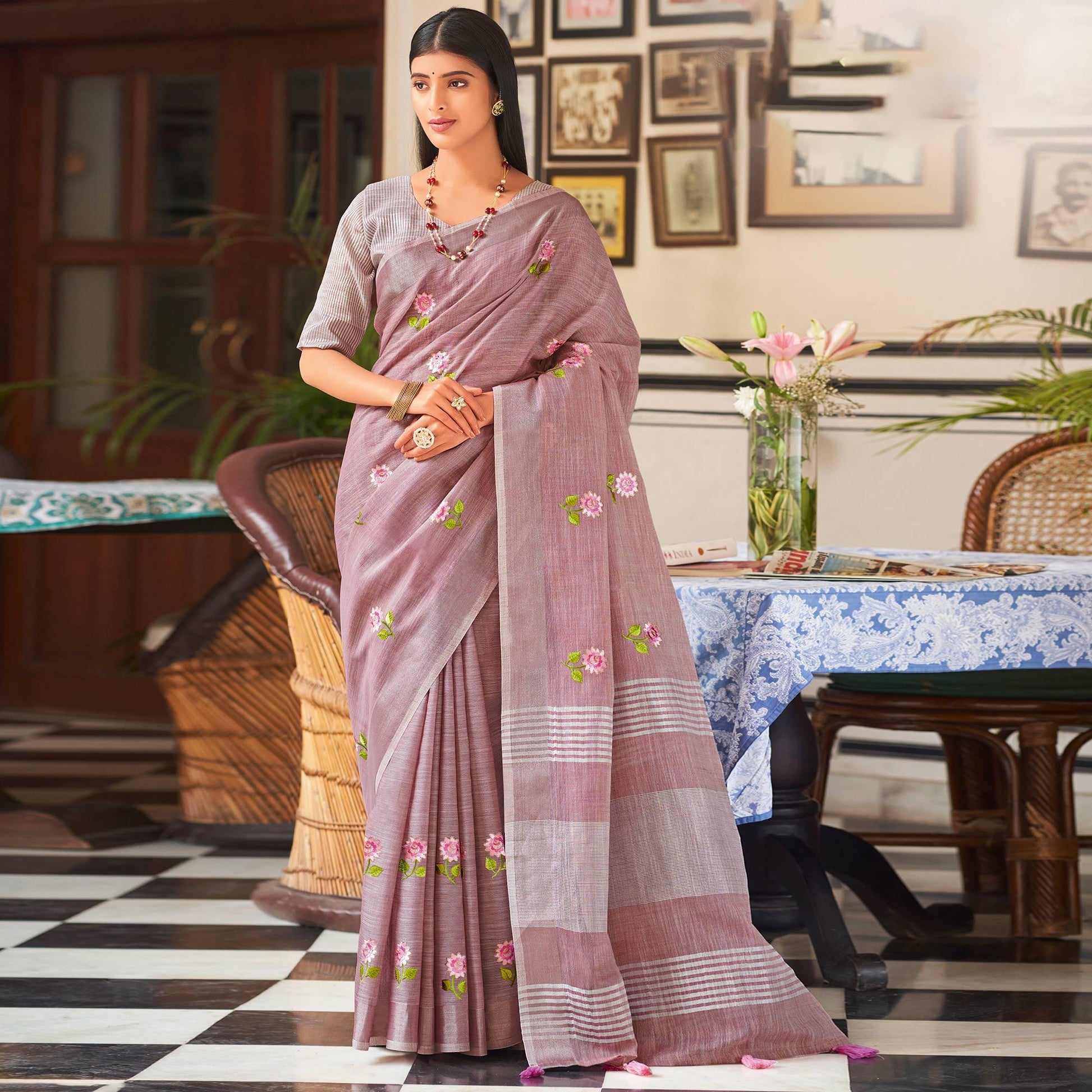 Mauve Festive Wear Embroidered Linen Saree